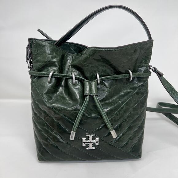Tory Burch Kira Mini Bucket Bag Basil Green Chevron Textured Leather Crossbody - Picture 2 of 14